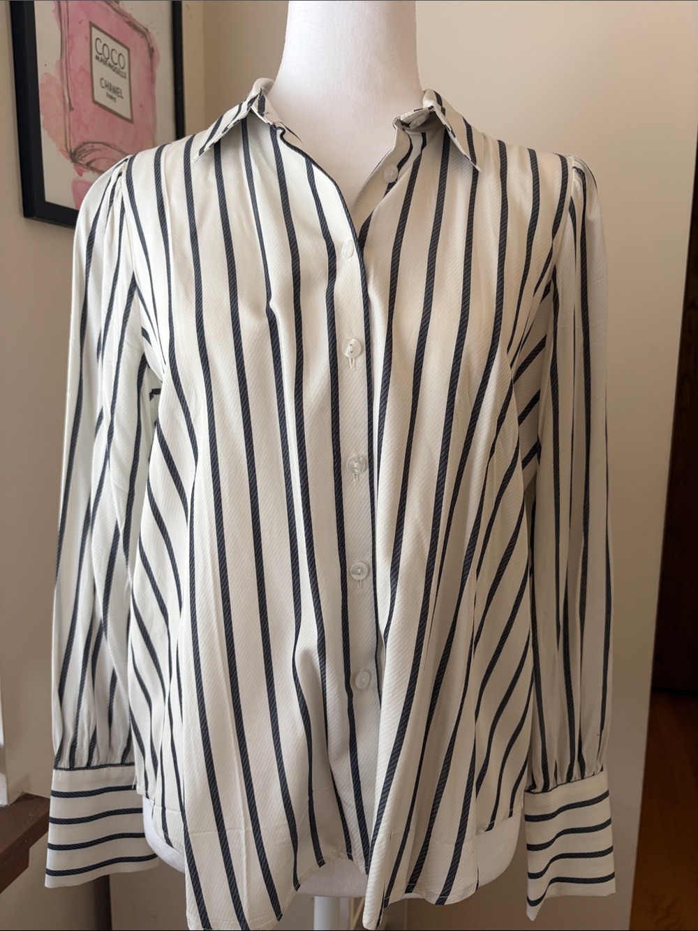 Ann Taylor Cream Button-Down Shirt with Navy Stripes